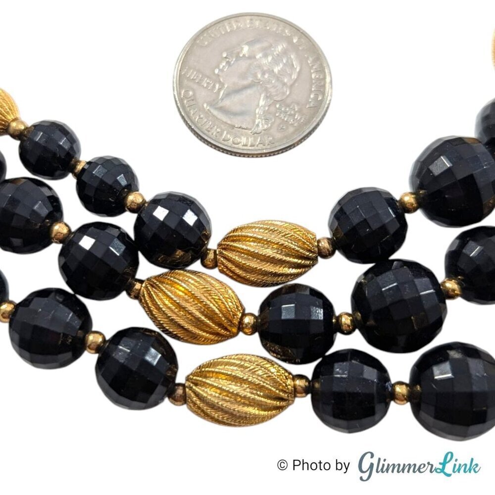 Vintage Lisner Triple Strand Black Faceted Bead Ribbed Gold Tone Bead Necklace - Picture 6 of 9